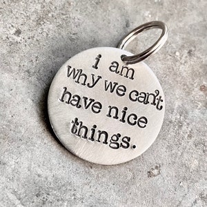 May include: Silver metal dog tag with the text "I am why we can't have nice things."