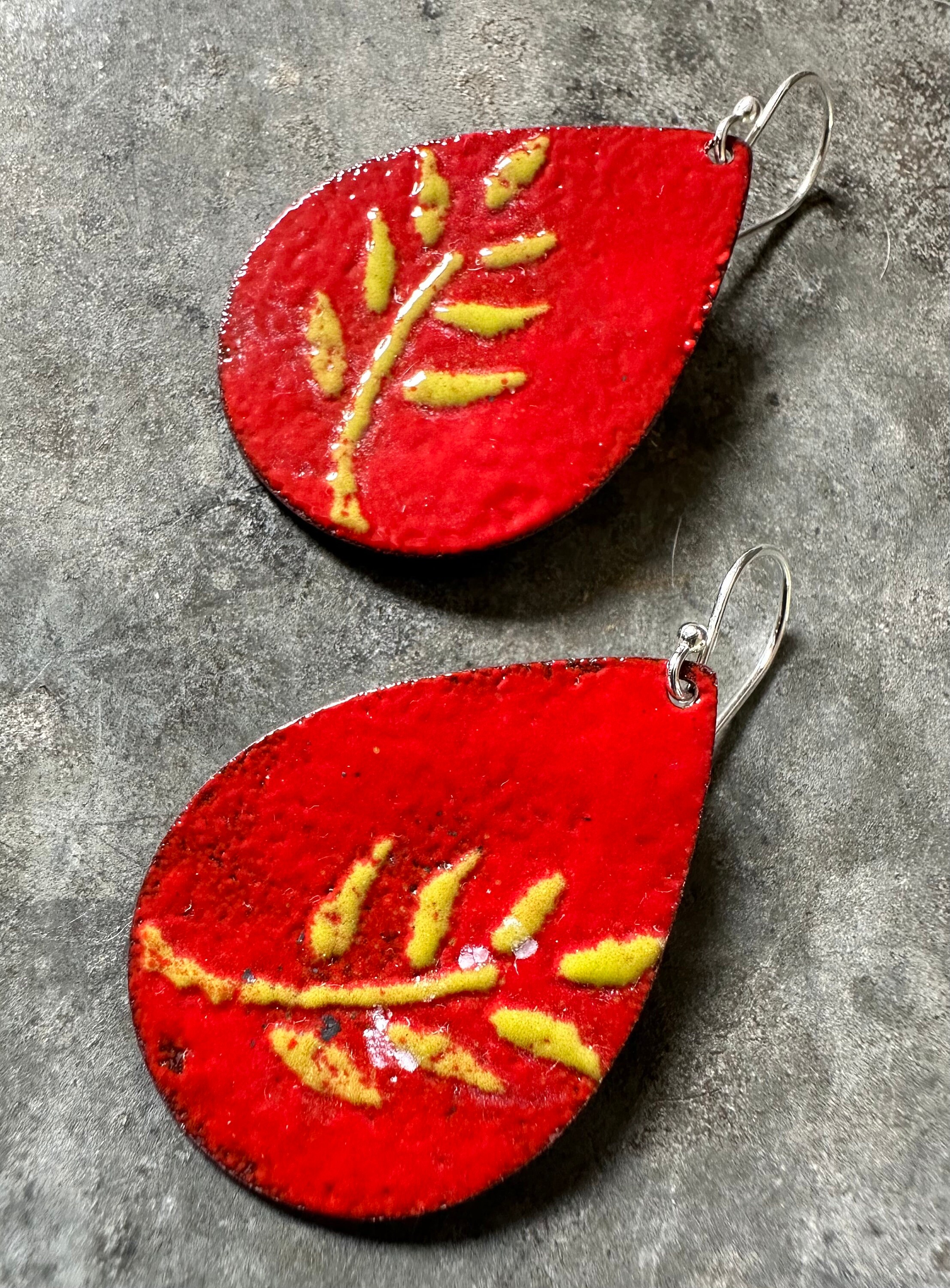 Green and Red Enamel Tear Drop Earrings