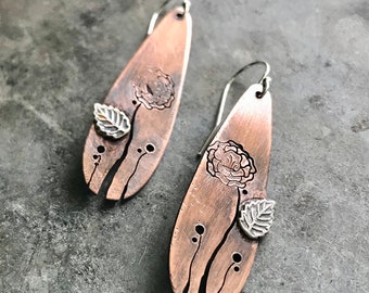 Oxidized Copper with Silver Leaf Earrings