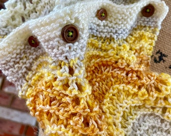 Yellow, Cream and Grey Fan and Feather Double Cowl with Assorted Wooden Buttons