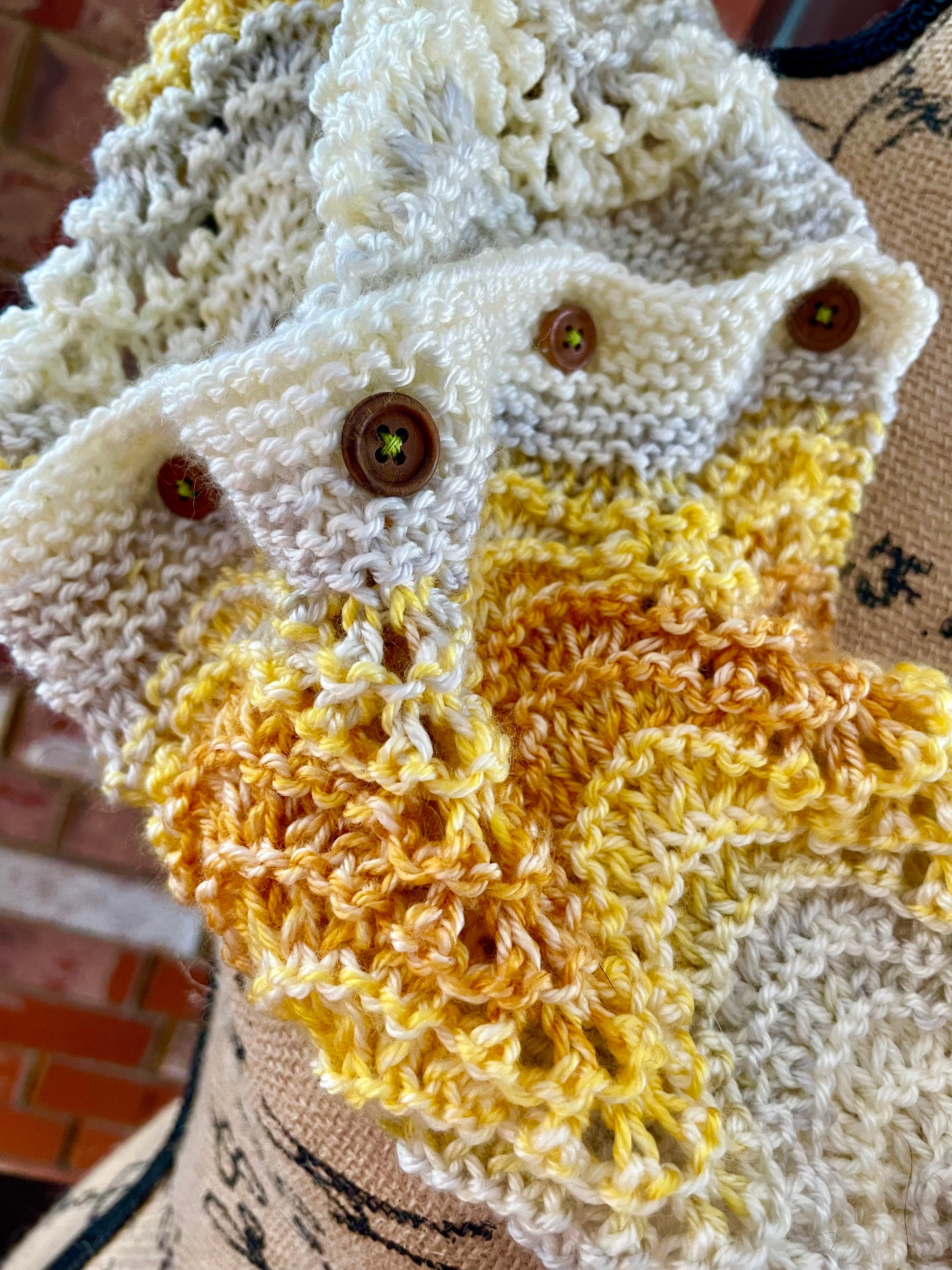 Yellow, Cream and Grey Fan and Feather Double Cowl with Assorted Wooden Buttons