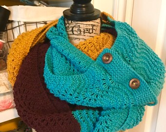 Fan and Feather Primary Color Mega Cowl with Wooden Buttons and Contrasting Thread