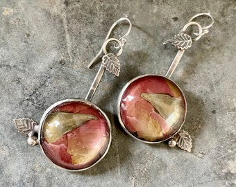 Rose Petal Cabochon Earrings with Leaves
