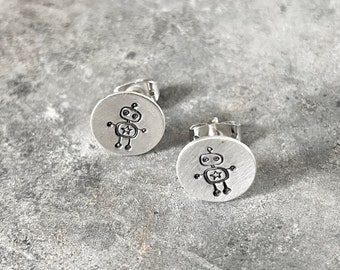 Sterling Stamped Robot Man Earrings