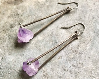 Rough Amethyst Chunk Double Wire Drop Earrings