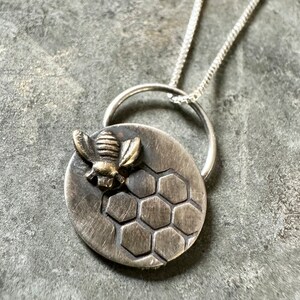 Stamped Sterling Silver Honeycomb Necklace with Brass Bee
