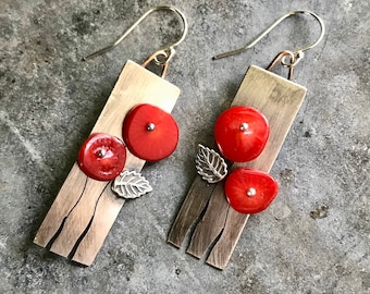 Coral and Sterling Poppy Flower Earrings