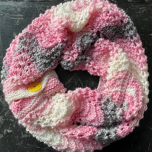 Pink, Cream and Grey Fan and Feather Double Cowl with Yellow Blossom Buttons