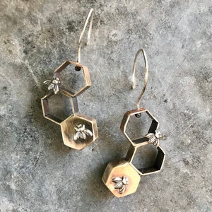 Brass Honeycomb with Copper Accents and Sterling Silver Bees