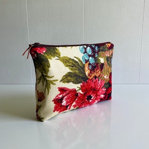 Deep Red Floral Vintage Fabric Medium Zipper Pouch