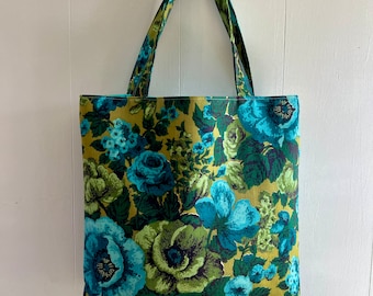 Bright Blue Poppies Vintage Fabric Tote Bag