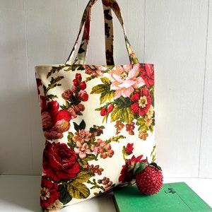 Red Rose Vintage Fabric Tote Bag With Pockets