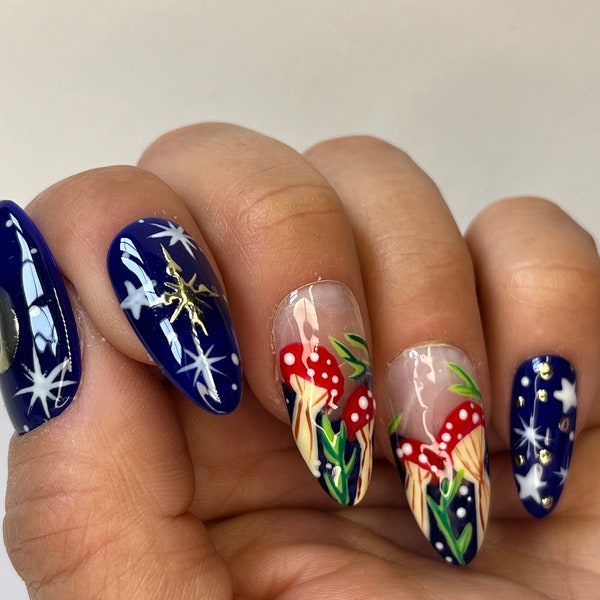 Royal Blue Woodland Press On Nails | Mushroom & Chrome Celestial Accents | Full Coverage Instant Manicure | Handcrafted Nail Art Set