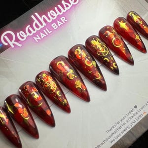 Blood Moon Nails – Red Aura Celestial Press-On Nails for Halloween | Gothic Custom Size 10pc Set | Handmade UK Alternative Nails