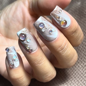 Shimmer Champagne Press On Nails | Glitter Gold Gel Nails | Full Coverage Instant Manicure | Bubble 3D Nail Glue-on Nails | Stick On Nails