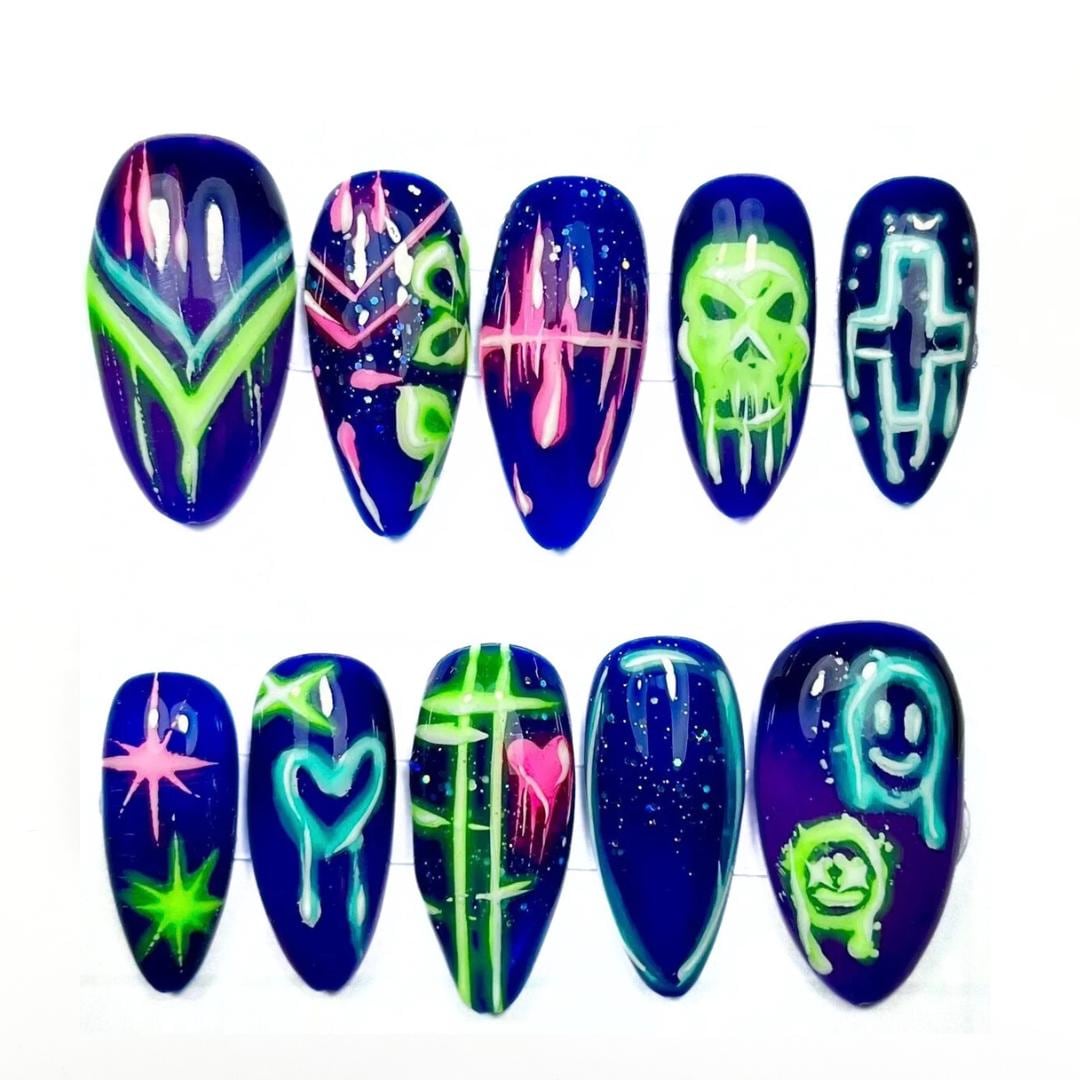 Cyberpunk Graffiti Press on Nails: Neon UV Reactive Tokyo Rave - Etsy