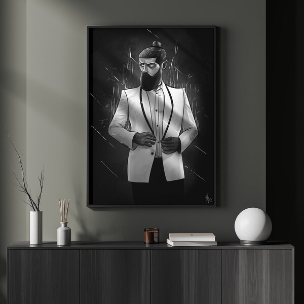 Black and White "Bearded Man or Man on Fire" | DIGITAL Wall Art | Unique Noir Feel