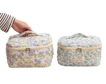 Retro Blue and White Floral Quilted Cotton Large Handle/Medium Makeup Bag - Spacious and Cute Pencil Case, Perfect for Makeup and More