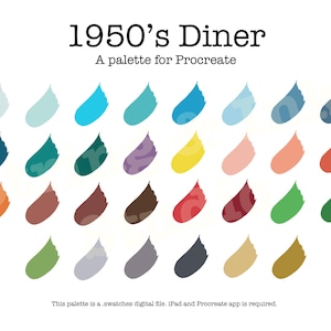 May include: A digital colour palette for Procreate, inspired by a 1950s diner. The palette features 24 colour swatches in a teardrop shape, including shades of blue, green, red, yellow, orange, brown, and grey.
