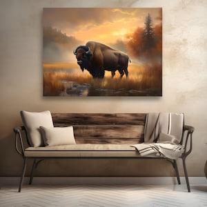 Canvas Galley Wrapped Wandkunst, extra große Größen, Ölmalerei-Stil, traditioneller und rustikaler Buffalo, Landschaftsmalerei von amerikanischem Bison