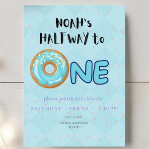 HALF BIRTHDAY INVITE, Donut half birthday theme invitation template, blue half birthday invitation, donut invitation download