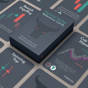 Tarjetas de referencia de maestría comercial, que incluyen 47 patrones intrincados de velas y gráficos.