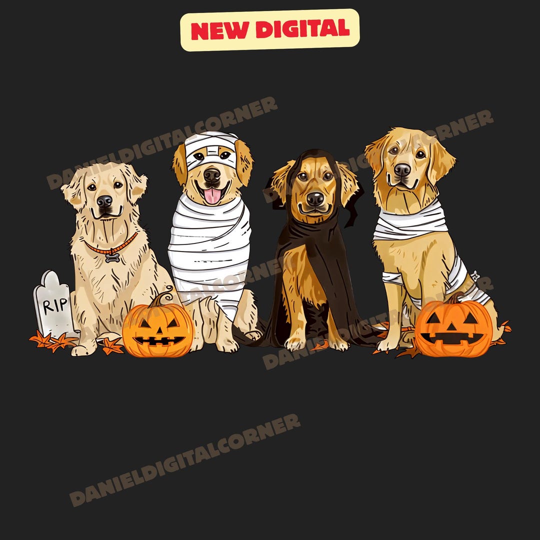 Watercolor Halloween Dogs Png Design, Golden Retriever Sublimation Png ...