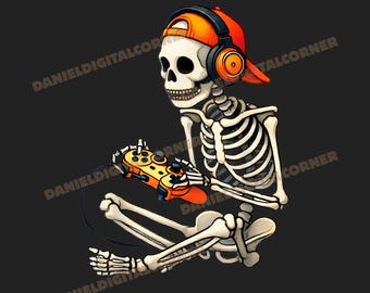 Scheletro giocatore SVG, Scheletro divertente da gioco digitale, Regalo spettrale per giocatori di Halloween, Amante dei videogiochi inquietante SVG, Controller di gioco di Halloween SVG