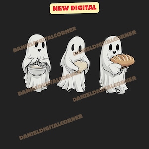 Könnte beinhalten: Drei Cartoon-Geister mit schwarzen Augen und Lächeln, die jeweils verschiedene Gegenstände halten: eine Schüssel, ein Brotlaib und einen Teigball. Das Bild hat einen schwarzen Hintergrund mit dem Text "NEW DIGITAL" in einem gelben Rechteck.