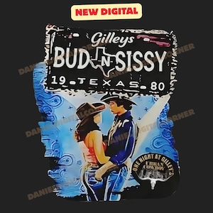 Puede incluir: Ilustración digital con una pareja con sombreros de vaquero, con el texto "Bud N Sissy" y "19-Texas-80." La imagen tiene un efecto de acuarela azul y blanco, con las palabras "One Night at Gilley's Urban Cowboy."