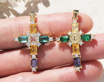 18K Gold-plated Cross Pendant, Pave Colored Zircon Jesus Charms, Religious Jewelry Necklace