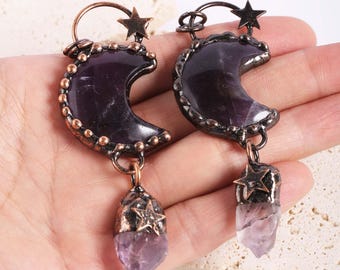 Bronze Plated Moon-shaped Amethyst Pendant, Energy Stone Pendant, Bohemian Vintage Crescent Pendant,Rough Stone DIY Necklace Accessories