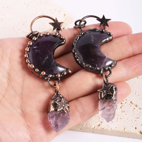 Bronze Plated Moon-shaped Amethyst Pendant, Energy Stone Pendant, Bohemian Vintage Crescent Pendant,Rough Stone DIY Necklace Accessories