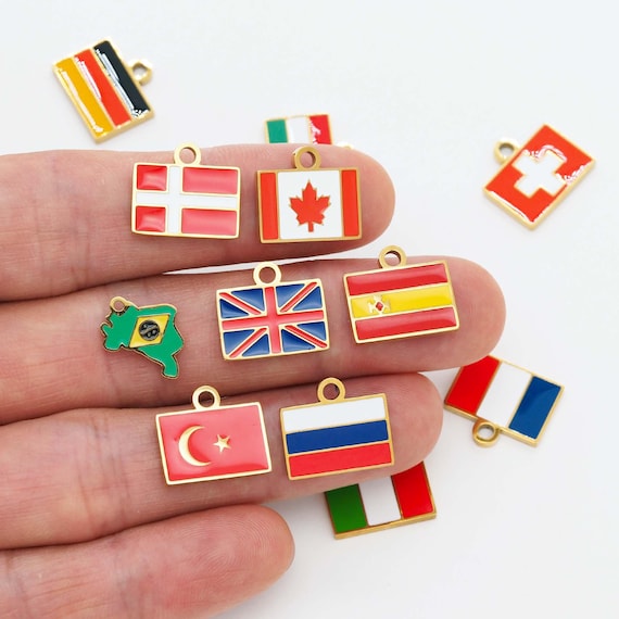 18K Gold-plated StainlessSteel National Flag Pendant, Enamel Canadian/Brazilian/German Flag Charms, DIY Necklace Bracelet Jewelry Accessory