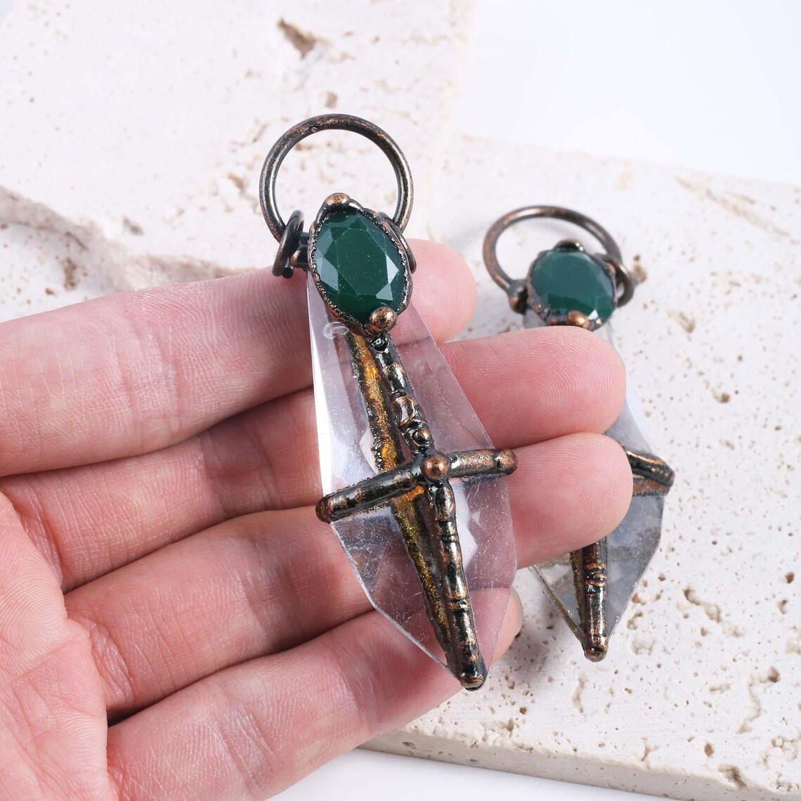 Soldered Blue Bronze Arrow Glass Pendant, Soldered Blue Gemstone Charm, Personalized ...