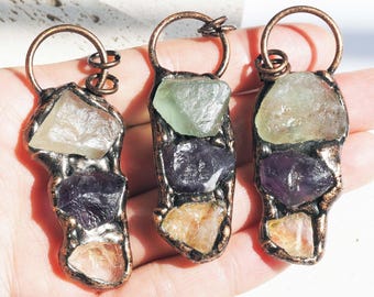 Bronze Irregular Amethyst Pendant, Soldered Citrine Personalized Charm.Bohemian Jewelry