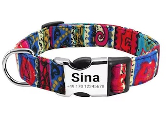Hundehalsband Sina mit Name und Telefon, buntes Boho Halsband graviert, verstellbar, Stoff/PU, S–L