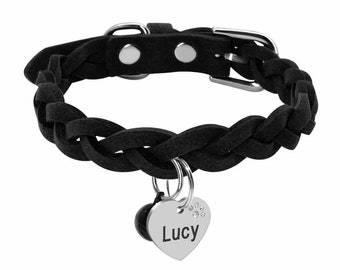 Geflochtenes Hundehalsband personalisiert, Filz in Wildlederoptik, Herzplakette mit Gravur, für kleine Hunde, XS–M