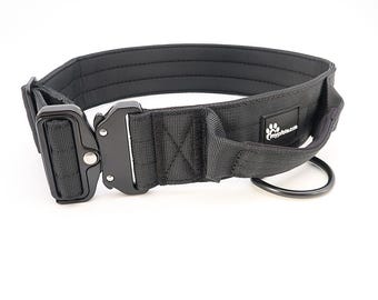 Taktisches Hundehalsband mit Griff, Schnalle graviert (Name/Telefon), Nylon mit Metallschnalle, gepolstert, L–XL, Schwarz/Silbergrau