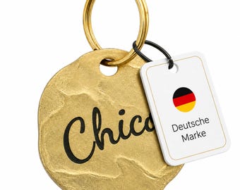 Vintage Hundemarke aus Messing, personalisiert mit Gravur (Name & Telefon), 25mm rund, handschmied Look, Unikat, inkl. Ring