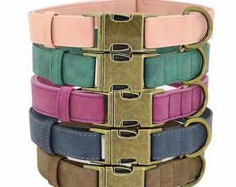 Vintage Hundehalsband mit Gravur, Name & Telefon, PU Halsband mit Messingschnalle, Retro Look für kleine Hunde, XS–L