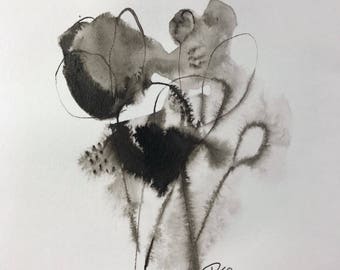 Contemporary ink floral abstract painting small format art modern