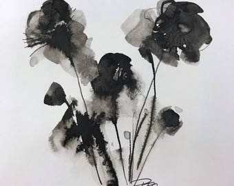 Contemporary ink floral abstract painting small format art modern