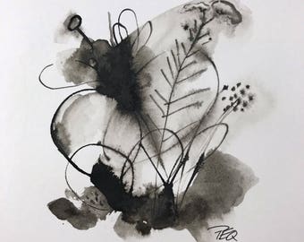 Contemporary ink floral abstract painting small format art modern
