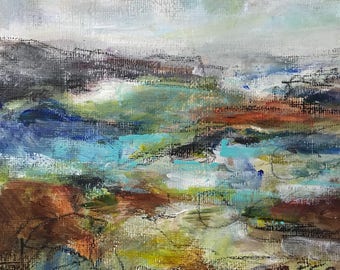 Mixed media contemporary abstract landscape painting small format art modern