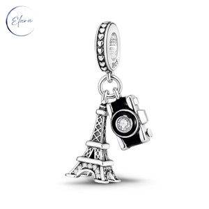 Eiffel Tower Memories Dangle Charm -  Camera Paris Photo 925 Sterling Silver Pendant with CZ - For European Style Bracelet and Necklace