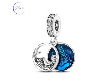 Mermaid Double Dangle Charm - 925 Sterling Silver with CZ Blue Disc Enamel Fantasy Gift - For European Style Bracelet or Pandora