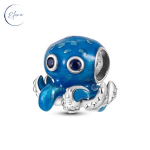 Blue Octopus Bubbles Charm - 925 Sterling Silver Ocean Bead Charm Enamel - For European Style Bracelet and Necklace