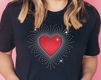 Glittery Rhinestones Heart Valentine's Day Shirt for Women and Her, Cute Bling Shirts Trendy Sparkling Tshirts Rhinestone Glitter Hearts Tee