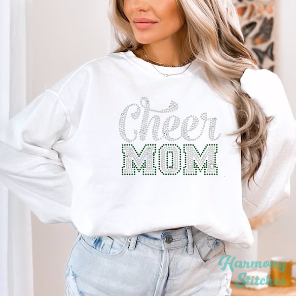 Green Rhinestones Cheer Mom Hoodie or Sweatshirt for Women Her, Cute Sparkle Bling Sweater, Trendy Sparkling Women's Plus Sizes Rhinestone